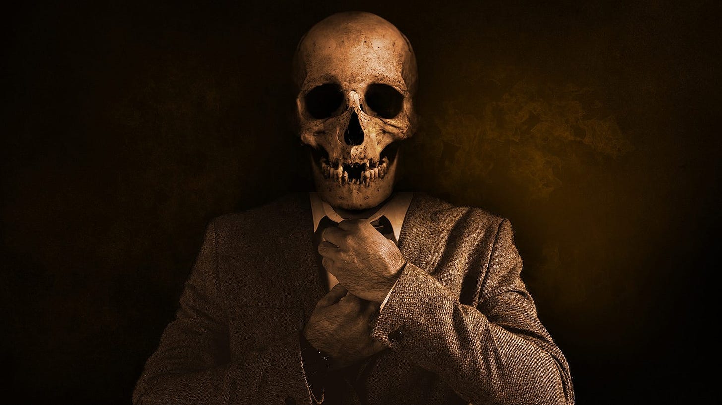 A skeleton from the chest up wearing a brown suit. He is straigtening his tie.