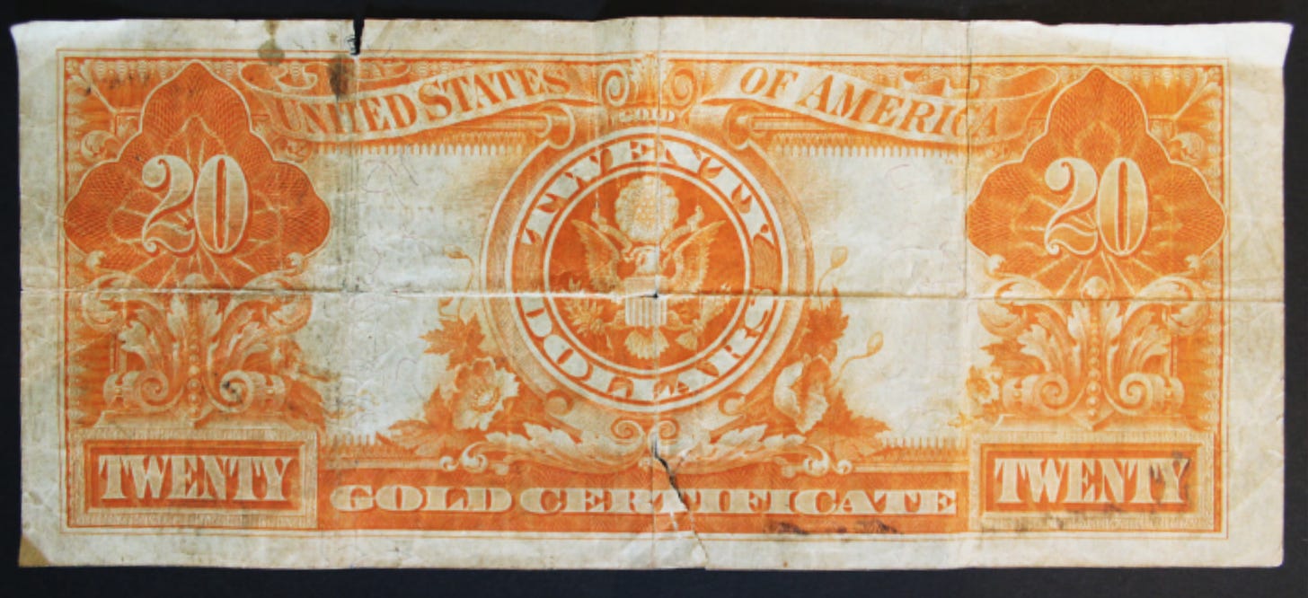 $20 Gold Certificate, 1922, Back