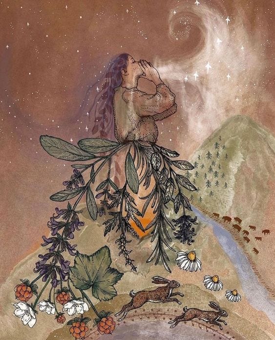 a magical scene with a purple-leafy-haired woman blowing stardust into a night sky with herbs and plants below her, as well as some hares and some buffalo and a treed mountain in the background next to a flowing river a magical scene with a purple-leafy-haired woman blowing stardust into a night sky with herbs and plants below her, as well as some hares and some buffalo and a treed mountain in the background next to a flowing river