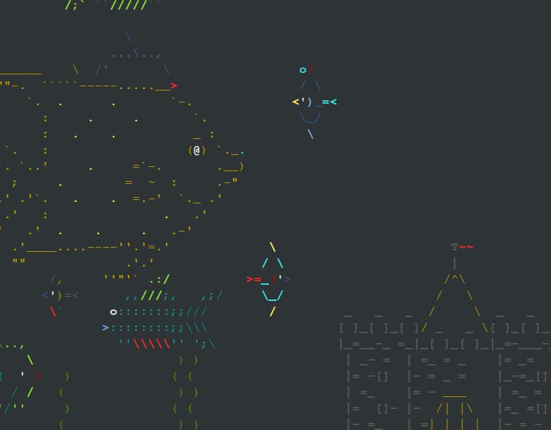 ASCII art of fish and a castle