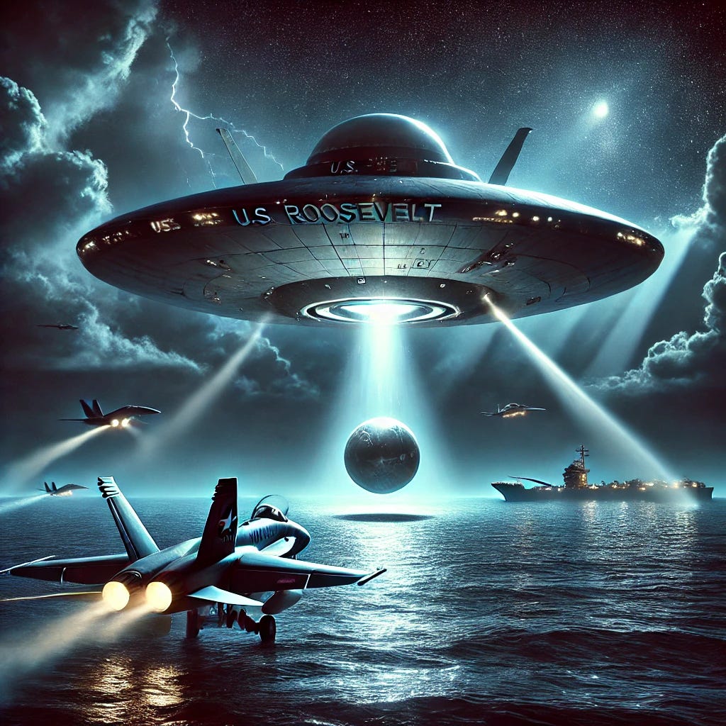 A dramatic depiction of the USS Roosevelt UFO encounters. A U.S. Navy fighter jet is shown soaring over the open ocean at night, pursuing a mysterious metallic sphere with a glowing core. The UFO moves at impossible angles, effortlessly outmaneuvering the jet. In the background, additional fighter jets attempt to intercept, their searchlights scanning the dark sky. The open ocean reflects the eerie glow of the unidentified object, while distant storm clouds flash with lightning, adding to the ominous atmosphere. The tension in the scene is palpable, capturing the overwhelming mystery and fear of encountering something beyond human comprehension.