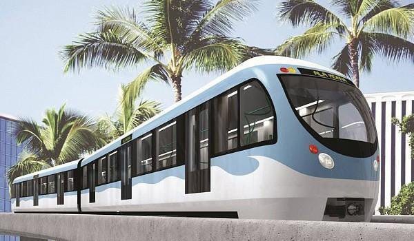 An attractive rendering of Abidjan's new metro cars, with palm trees visible in the background