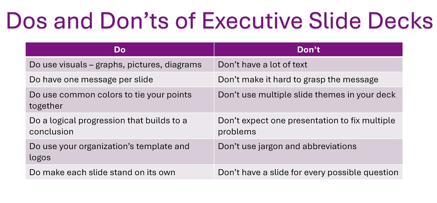 summary dos and don'ts of executive slide decks