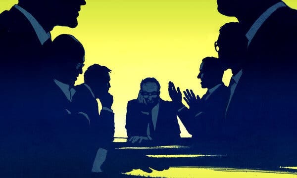 An illustration of tech executives discussing policy with the Senate leader Chuck Schumer. All are in dark blue profile against a yellow background.