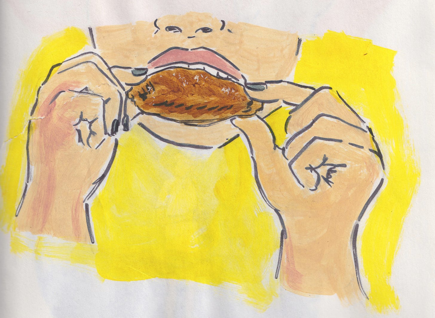 Painting of me eating a chicken wing up close. Fingernails are painted. 