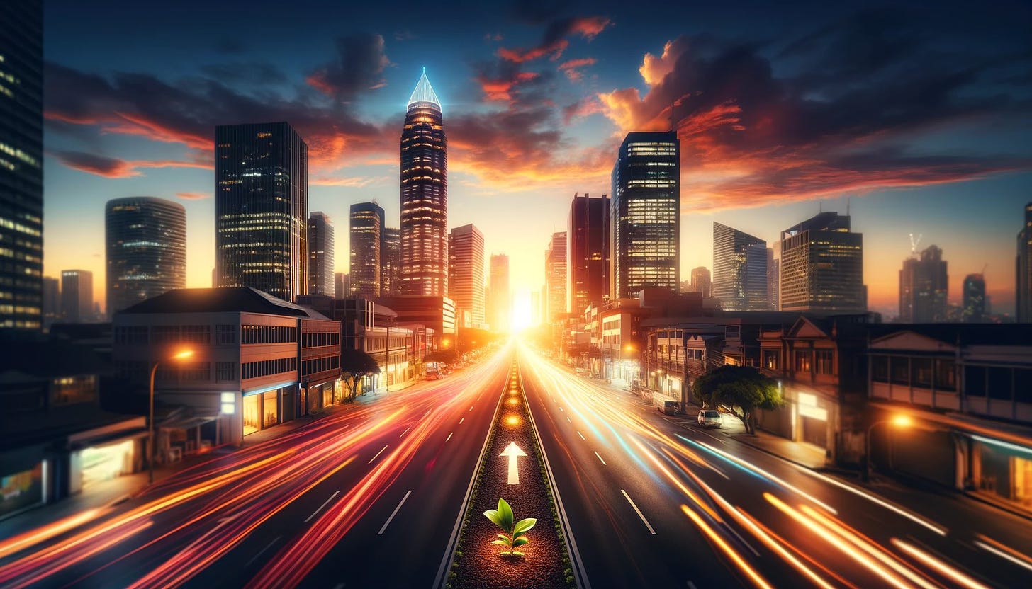 The image presents a dynamic cityscape at dusk, capturing the essence of personal growth and ambition within an urban setting. The scene, highlighted by the warm glow of the sunset, features a bustling street leading towards a prominent skyscraper, symbolising the journey towards achieving professional goals in a vibrant, ever-evolving environment. This visual metaphor aligns with themes of determination, success, and the continuous quest for self-improvement amidst the challenges and opportunities of city life.