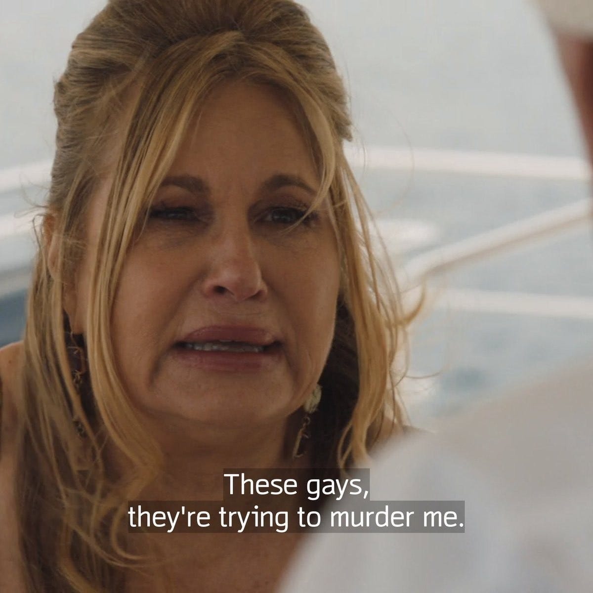 jennifer coolidge in "the white lotus" saying "these gays, they're trying to murder me."