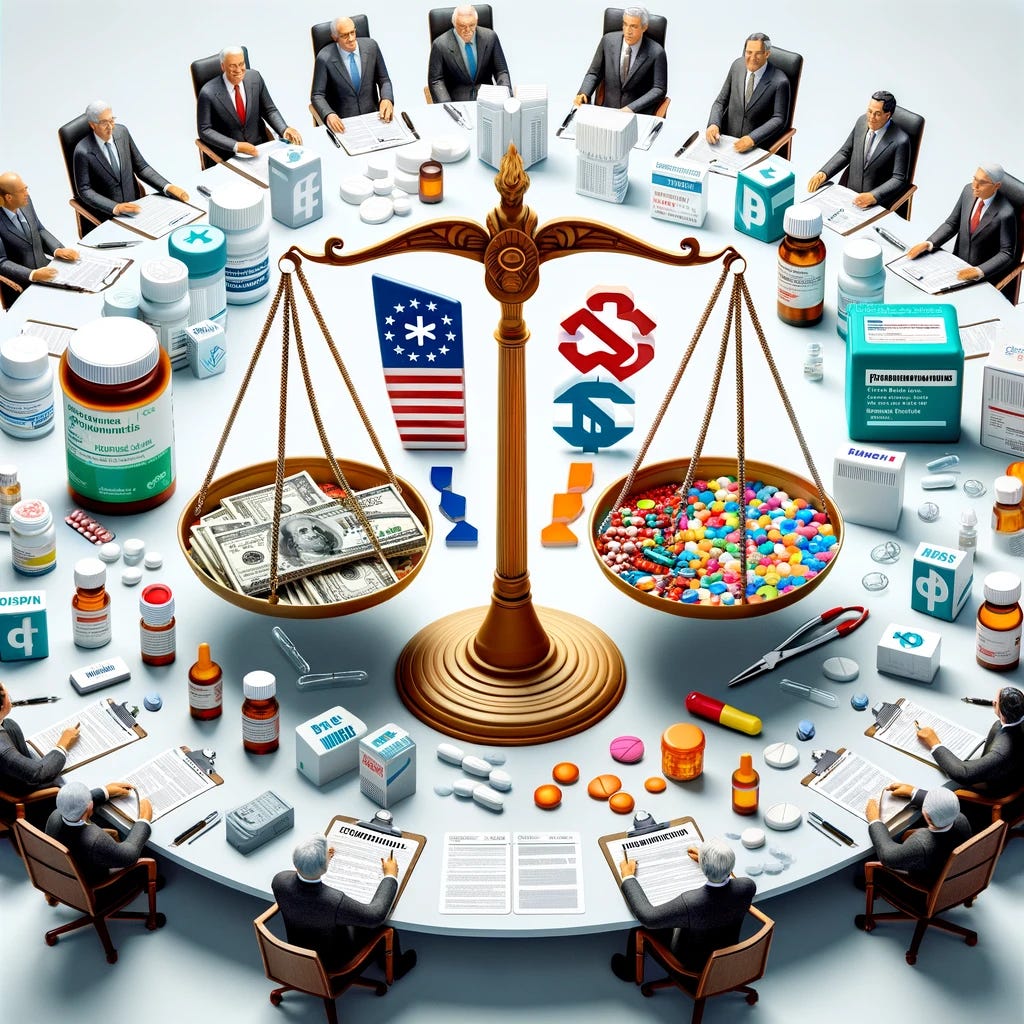 Create an image that visually represents the topic of formal negotiations between the US government and the pharmaceutical industry over drug prices for Medicare. The image should feature a symbolic negotiation table with representations of both the US government and Big Pharma. Include symbols like medication bottles, a Medicare card, and a balance scale to signify the debate over drug affordability versus pharmaceutical innovation and sustainability. The image should encapsulate the complexity of finding a balance between ensuring drug accessibility for patients and maintaining incentives for pharmaceutical research and development. The background can hint at the US healthcare system and the potential impact on smaller biotech companies. This image will serve as a thumbnail for content discussing these negotiations.