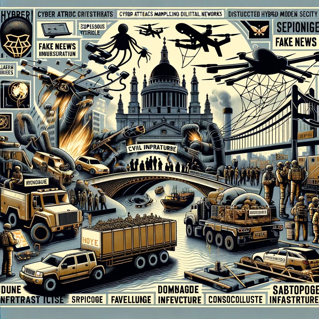A complex illustration reflecting hybrid threats in modern society. The scene includes various symbolic elements: cyber attacks represented by shadowy figures manipulating digital networks, fake news depicted through distorted media broadcasts, espionage shown with drones flying over military installations and suspicious vehicles near consulates. Additionally, illustrate sabotage through imagery of damaged pipelines and disrupted railways. Show a convoy of military vehicles receiving support from civilian services, highlighting the bridge infrastructure issue with a visibly damaged bridge. This artwork should capture the tension between modern warfare and civil preparedness, using a mix of urban and rural settings.
