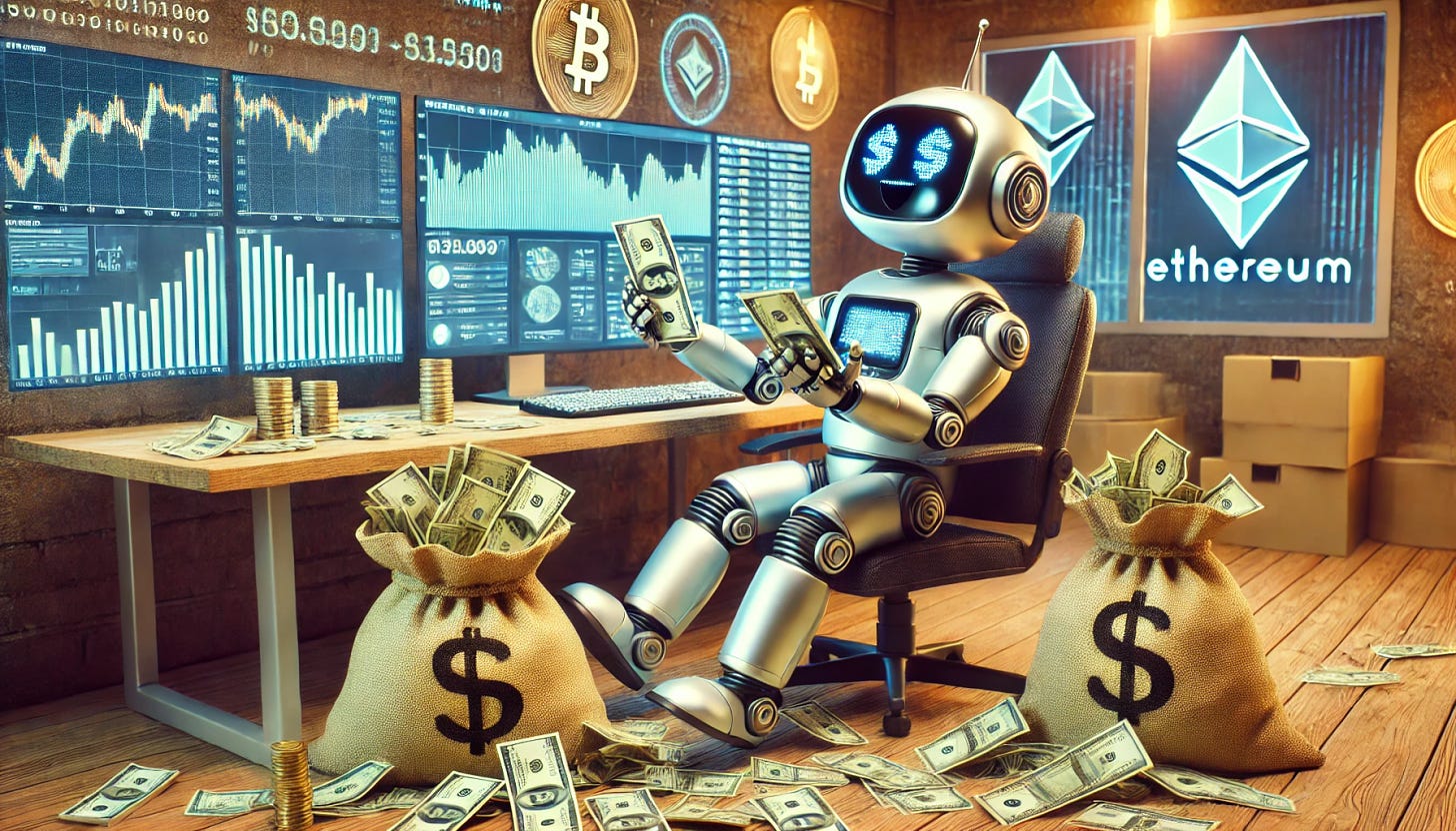 A robot sitting at a computer terminal, holding some money in its hands with an excited expression, as even more money spills everywhere around it. The robot is clearly thrilled, with cash overflowing from bags and scattered all over the floor. It has a modern, slightly cartoonish metallic design. The computer screen shows cryptocurrency symbols like Bitcoin and Ethereum, hinting that the robot made the money online. The setting is a cozy, futuristic workspace with digital charts on the walls showing successful trading activity, and the robot is in a celebratory posture.