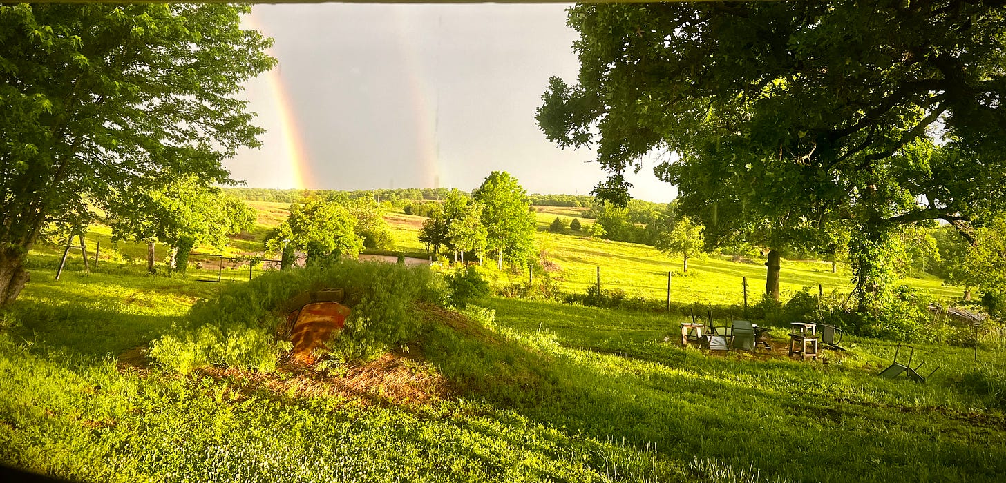 A green pastoral scene of a cow pasture and a double rainbow.