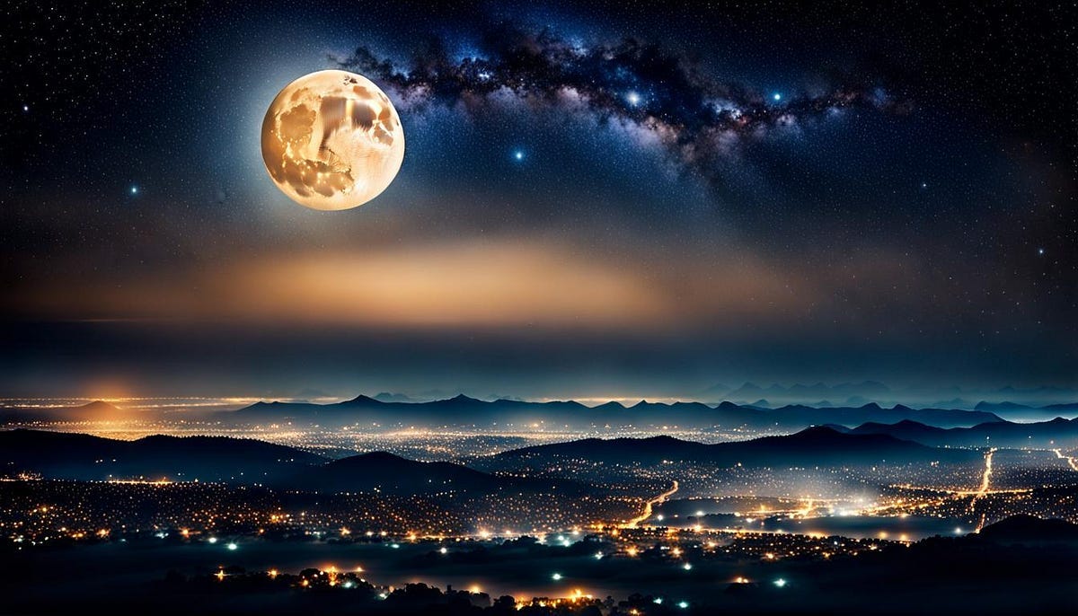 Moon in a night sky, with city lights beneath