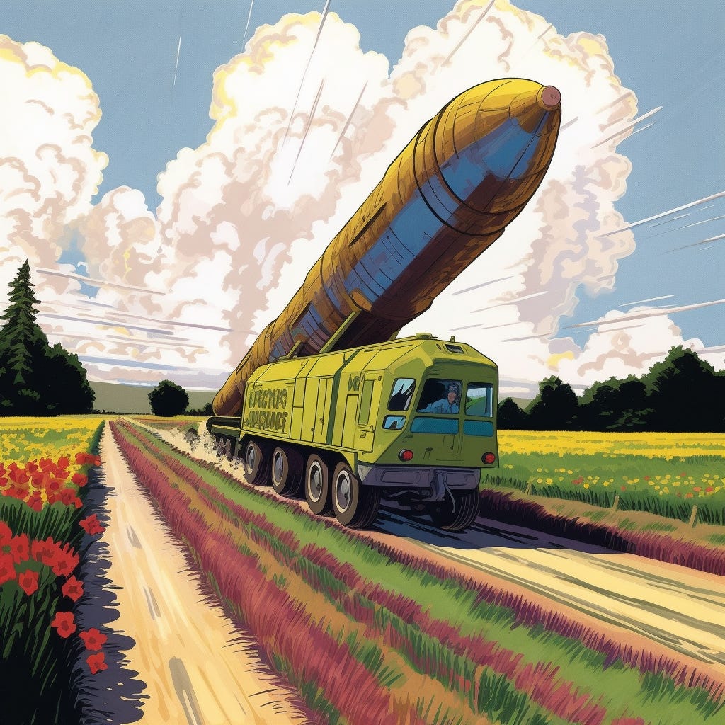 cartoon of a "The Yars intercontinental ballistic missile launcher" driving through a field