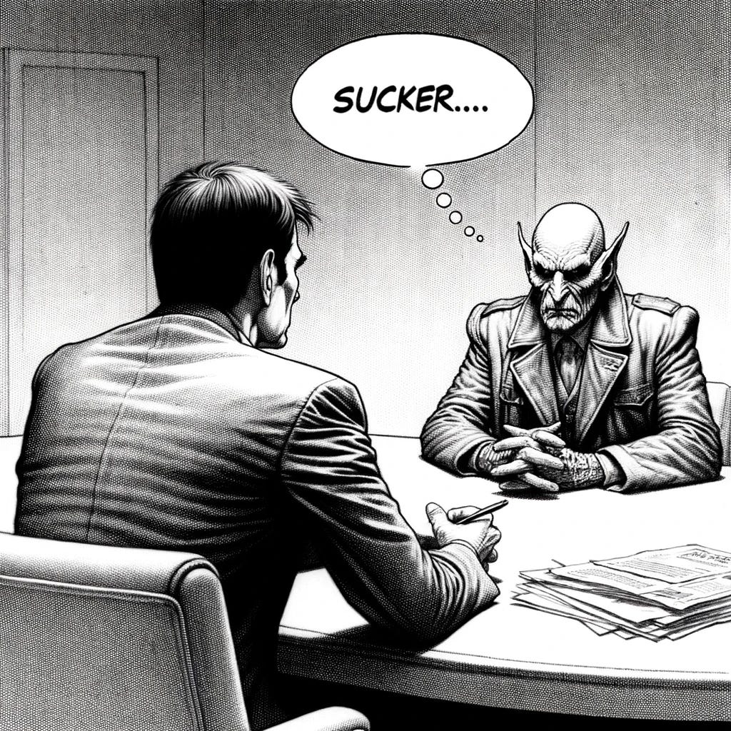 A black and white illustration in a detailed, realistic comic style. It depicts two characters seated at a table in a dimly lit room, suggesting a serious, possibly confrontational atmosphere. The character facing us has a menacing appearance with large pointed ears, a bald head, pronounced wrinkles, and a stern, unyielding expression. He is wearing a leather jacket, suggesting a tough, unyielding personality. His fingers are interlocked, and he appears calm and in control. Across from him sits a man in profile view with a neat hairstyle and a suit jacket, representing a more typical professional appearance. Between them on the table lies a stack of documents. Above the bald character is a thought bubble with the word "SUCKER....", implying he is confidently dismissing or outmaneuvering the other man in a negotiation. The setting and style convey a tense negotiation scene with high stakes.
