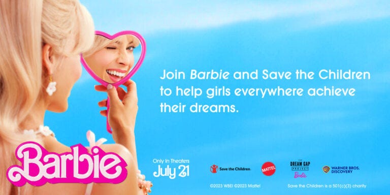 Image of Barbie holding mirror, various logos, and legal text. 