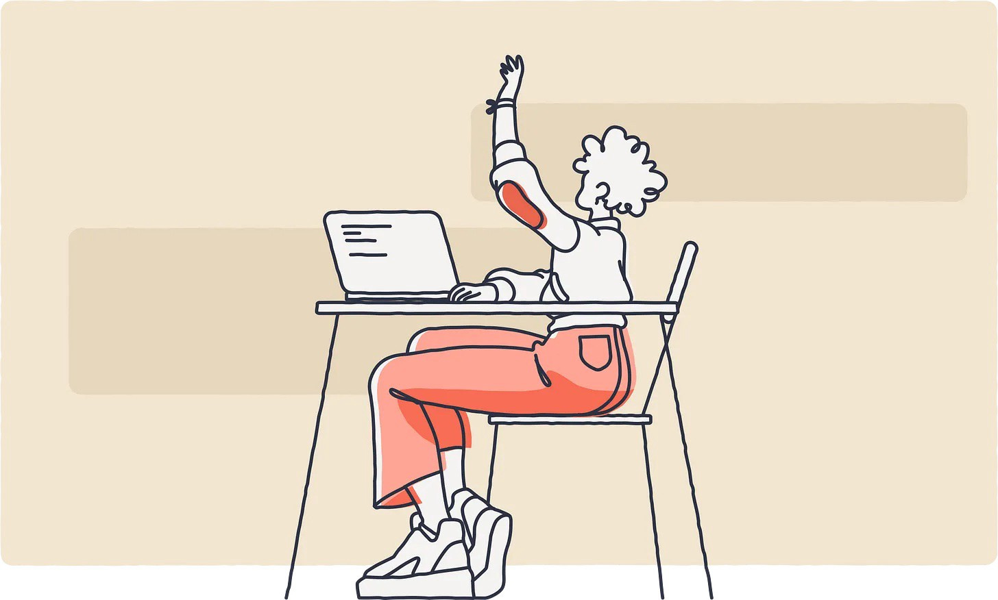 An illustration of a student holding up their hand while sat at a desk