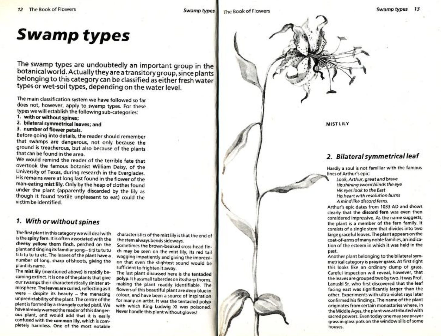 Book page from "The Antagonists," showing a section from The Book Of Flowers. A header "Swamp Types" gives an introduction to a series of fictional swamp plants, with two subheadings "With or without spines" and "Bilateral symmetrical leaf" visible, along with a pencil sketch illustration of a plant called a Mist Lily.