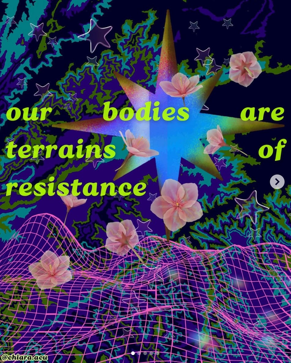 This IG post is from @chiara.acu and the text reads, "our bodies are terrains of resistance"