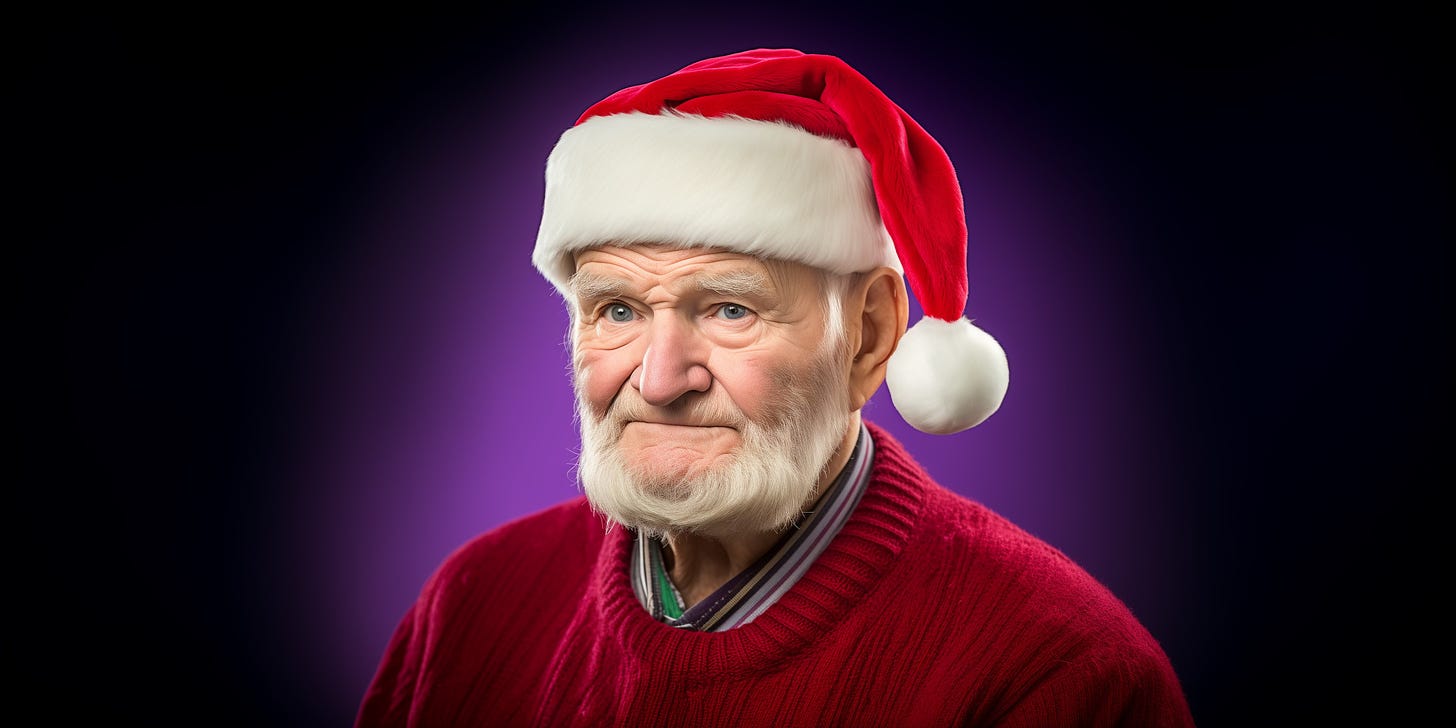 a very old man with a white beard wearing a Santa hat and a red jumper