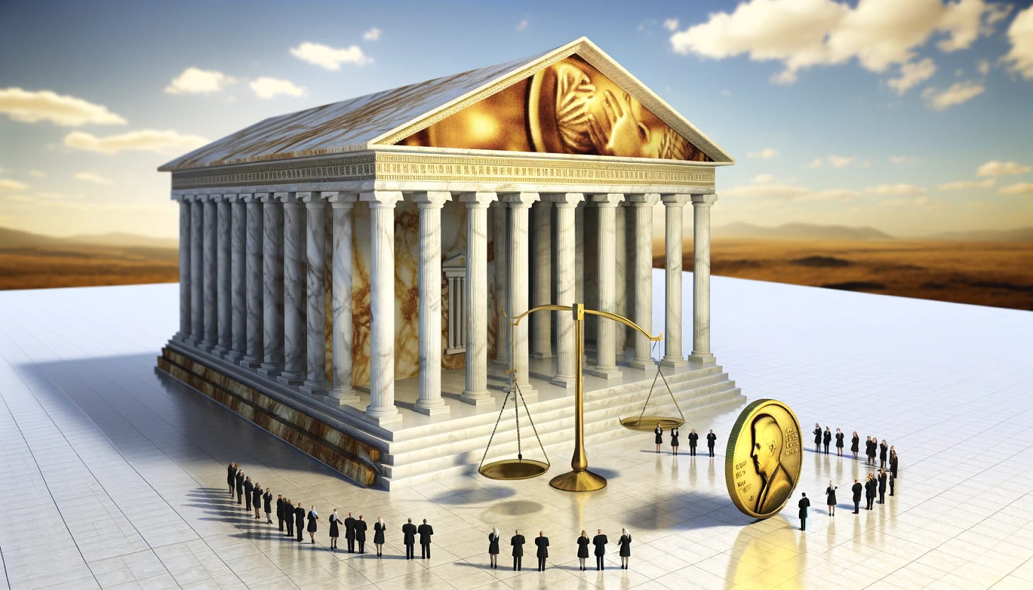 A symbolic representation of the concept "Banks: Beware of self-interested advice." The image features a grand, classical bank building made of marble and pillars, reminiscent of ancient Greek architecture, extending across a panoramic view under a clear sky. In front of the building, a giant golden coin balances on a scale. On the opposite side of the scale, there's a group of people whispering among themselves, casting sneaky glances towards the bank, symbolizing self-interested advice. These people are dressed in modern business attire, offering a stark contrast to the timeless architecture of the bank, underscoring the perennial nature of this cautionary message. The scene is enveloped in a warm, golden light, hinting at both the attraction and the perils of wealth.