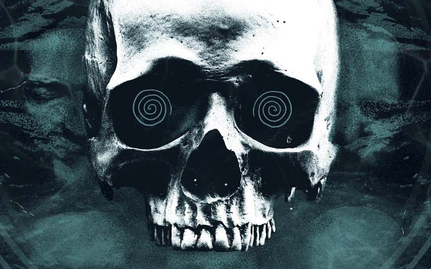 A skull with swirling hypnotic eyes.
