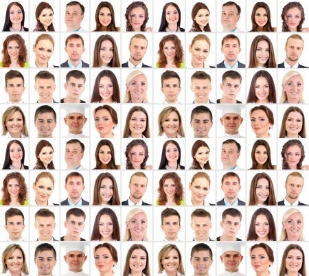 A 10x8 grid of photos of men and women's faces. Each box shows a different individual.