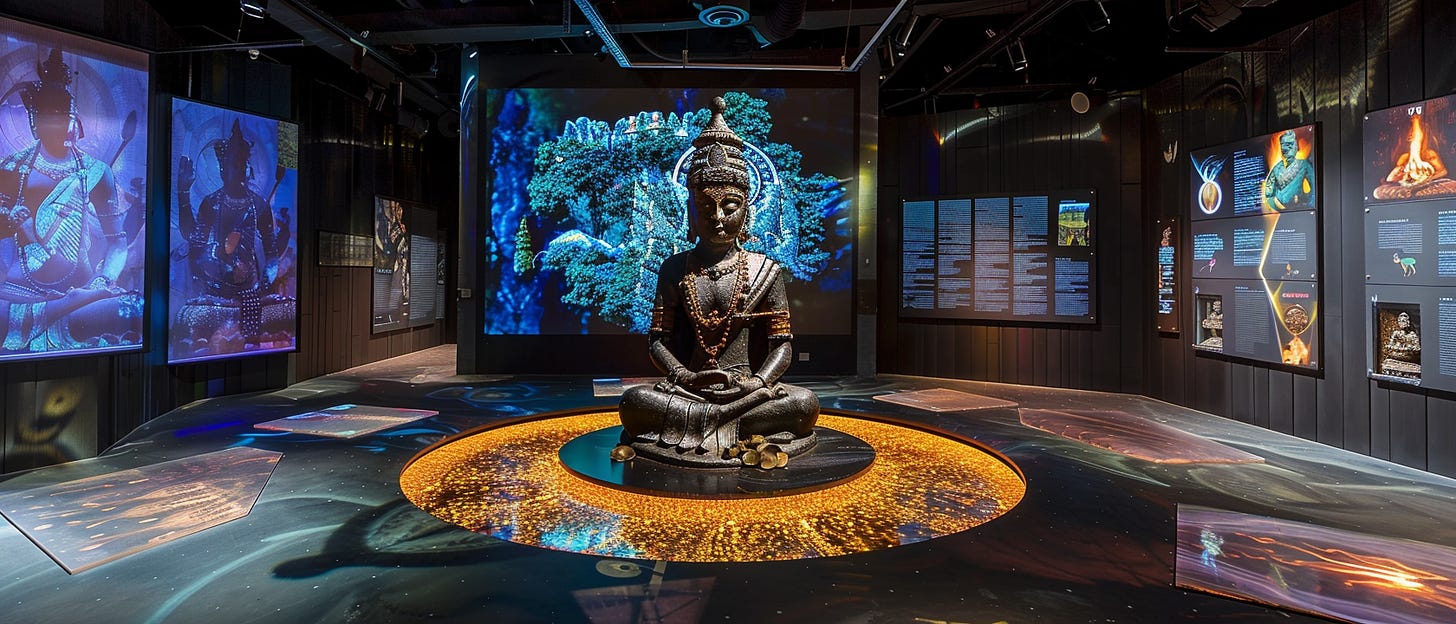 The image showcases an immersive mixed-media installation. Central to the scene is a large bronze statue of a seated Buddha, placed on a circular platform. Surrounding the statue is a dynamic floor projection that mimics the appearance of a galaxy or a cosmic event with swirling colors and patterns. The walls are adorned with large backlit panels that display various images, including more statues and vibrant natural scenes, providing a backdrop that enhances the contemplative and sacred atmosphere. Additional informational panels are mounted on the walls, offering context or narratives related to the installation, inviting viewers to engage on both a visual and intellectual level.