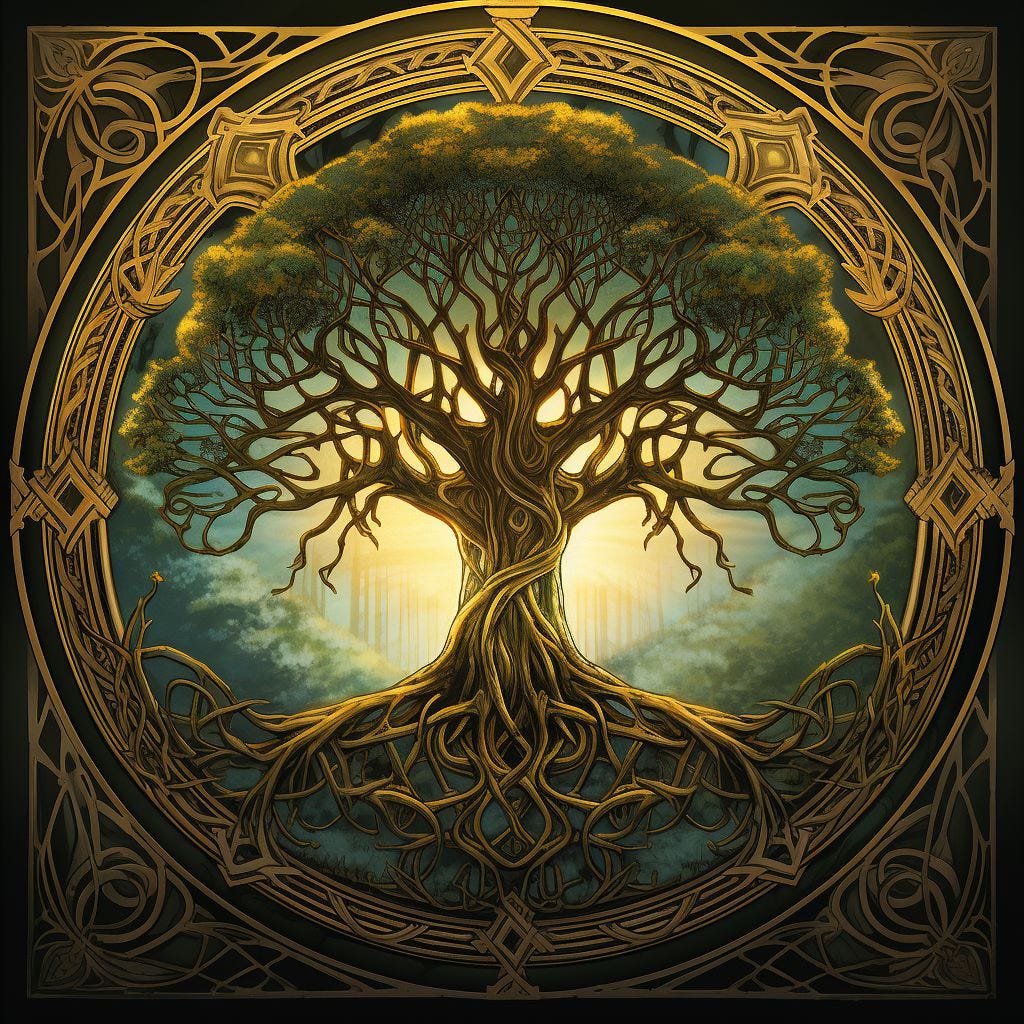 A golden brown Tree of Life in a circular stylized Celtic frame.