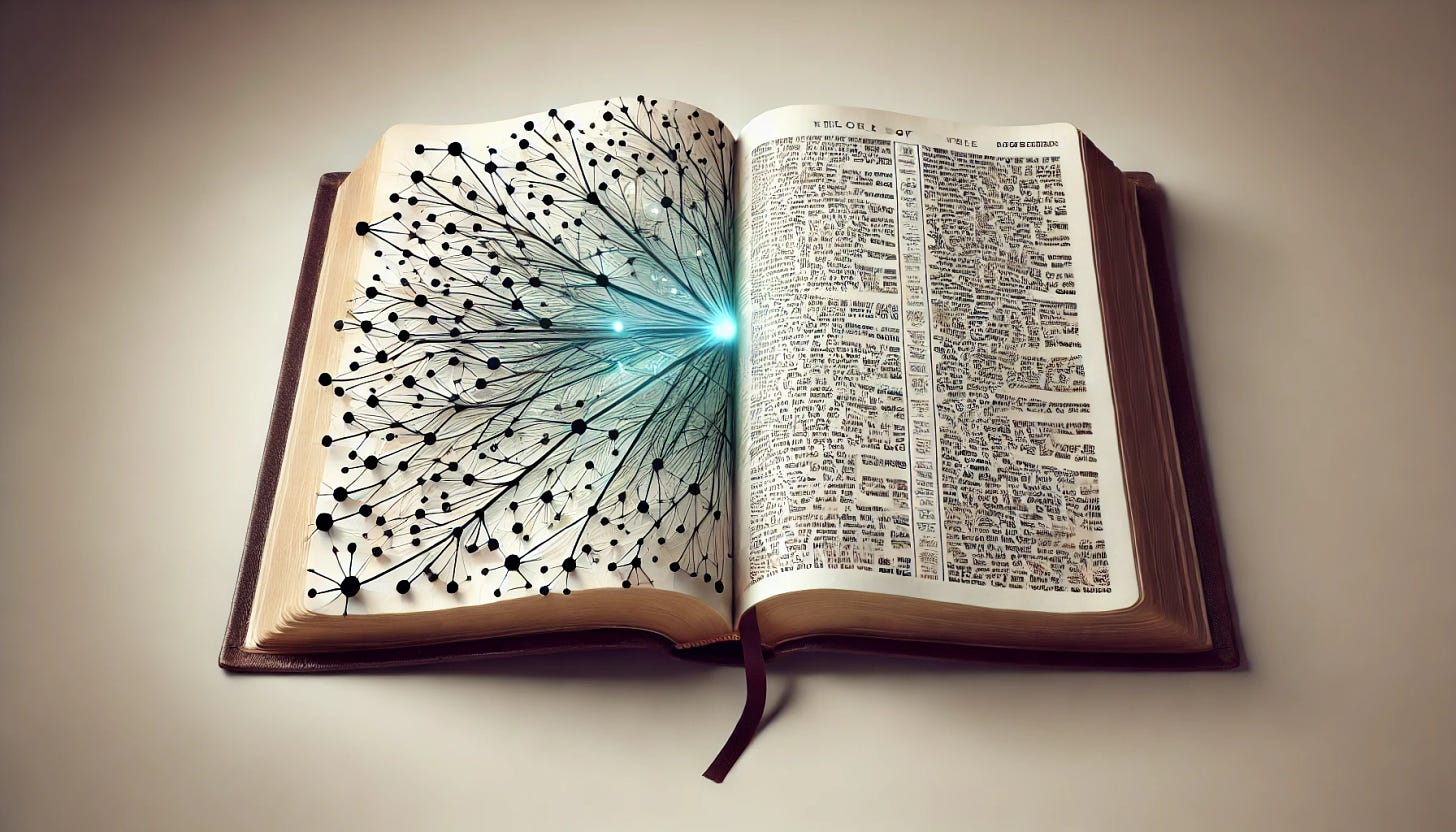 An open Bible lying flat, where the left half of the pages transform visually into elements of a neural network representing generative AI. The neural network is shown with interconnected nodes and lines, gradually blending from the text on the left side to the right side which remains traditional Bible text with verses. The background is neutral and clean to emphasize the contrast between the ancient text and modern AI representation. High-detail and artistic lighting.