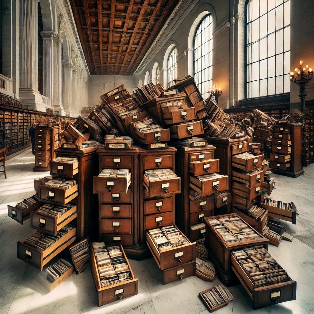 ChatGPT's interpretation of the phrase ``feral library card catalogs''.  (I suspect the image traces back to photos of Doe Library at Berkeley, but that may just be nostalgia on my part.)  Click to embiggen.