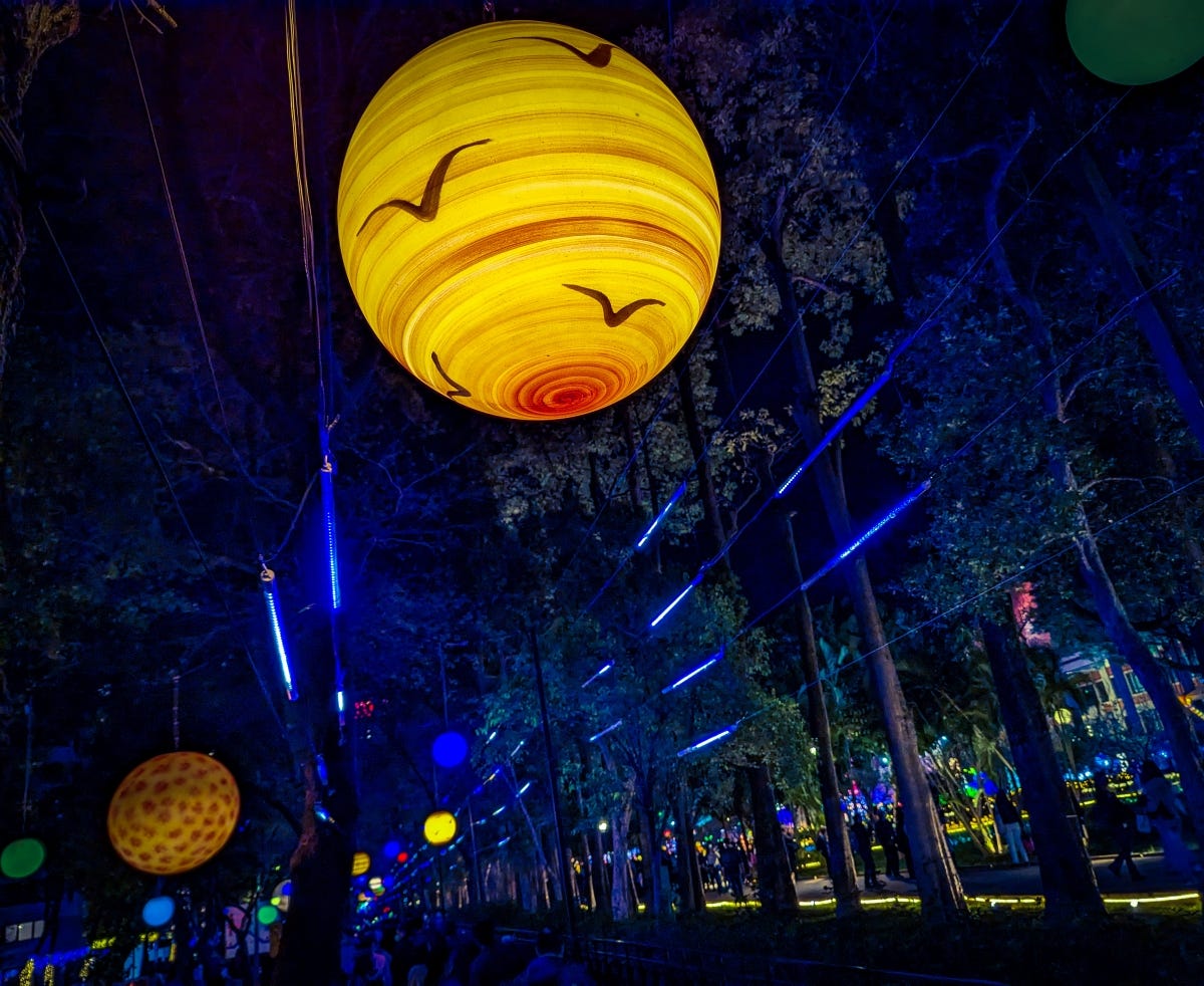 Lanterns decorated with bird silhouettes along the streets around Sun Yat Sen Hall, the main site of the Taiwan Lantern Festival