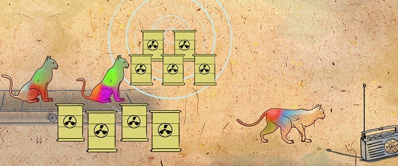 a cartoon of a glowing cat made of green, pink, and orange colors running amongst a collection of barrels with the radioactive symbol on them