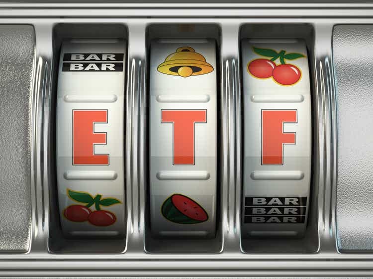 ETF exchange traded fund as jackpot on a slot machine, Successful and profitable investments concept.