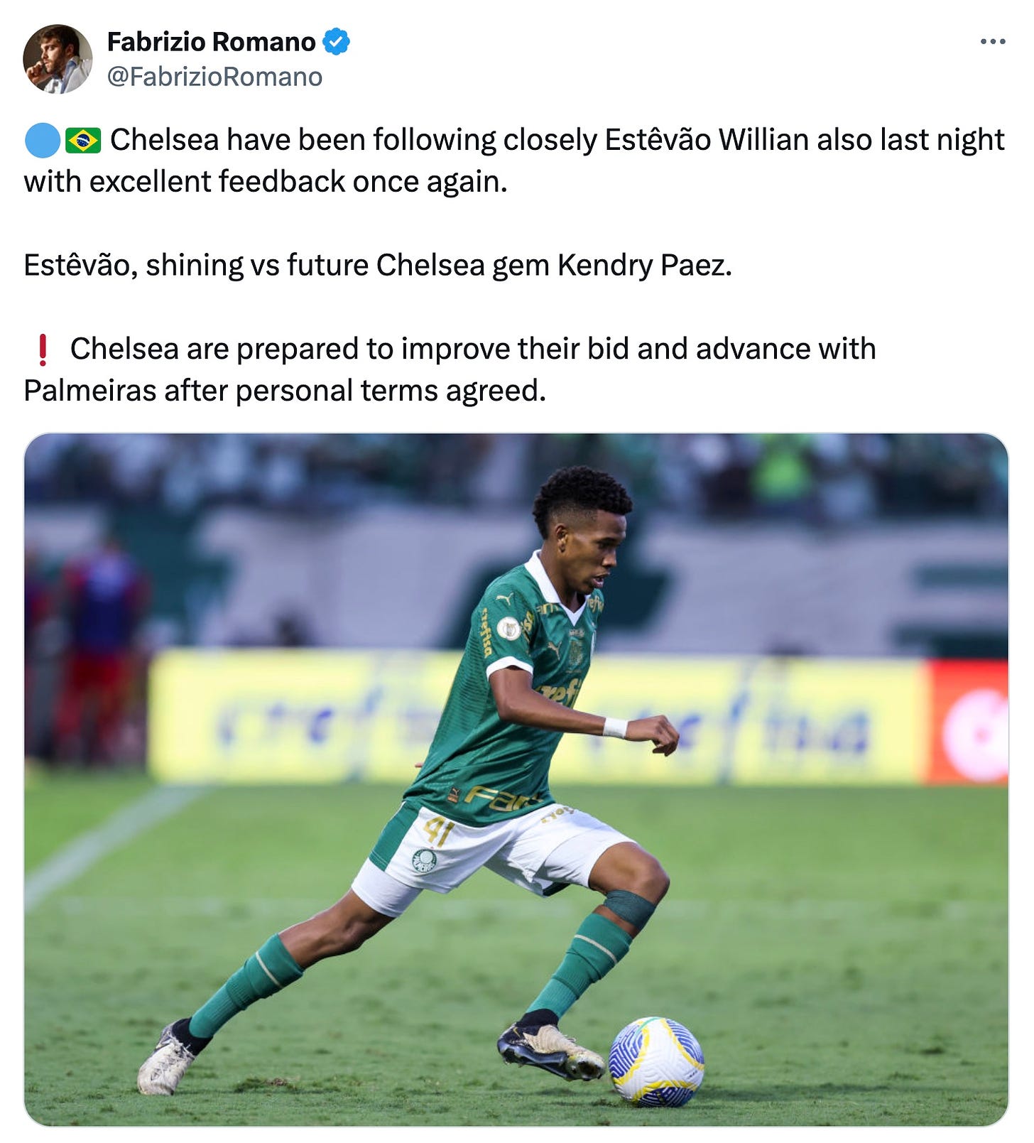 A tweet by Fabrizio Romano about Estevao Willian
