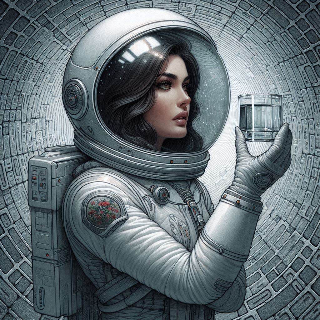 persian woman in gray tunnel, in spacesuit, holding glass brick, 60s sci-fi drawing picture