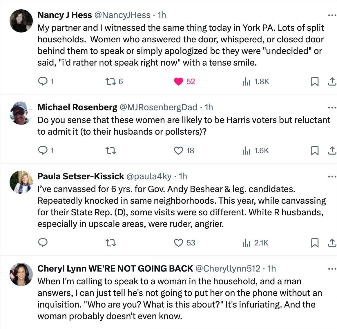 tweets:  Nancy J Hess @NancyJHess. 1h My partner and I witnessed the same thing today in York PA. Lots of split households. Women who answered the door, whispered, or closed door behind them to speak or simply apologized bc they were "undecided" or said, "I'd rather not speak right now" with a tense smile. 1 176 52 ili 1.8K Michael Rosenberg @MJRosenbergDad ⚫ 1h Do you sense that these women are likely to be Harris voters but reluctant to admit it (to their husbands or pollsters)? Q1 17 18 ili 1.6K ᄆ Paula Setser-Kissick @paula4ky. 1h I've canvassed for 6 yrs. for Gov. Andy Beshear & leg. candidates. Repeatedly knocked in same neighborhoods. This year, while canvassing for their State Rep. (D), some visits were so different. White R husbands, especially in upscale areas, were ruder, angrier. 17 53 ill 2.1K Cheryl Lynn WE'RE NOT GOING BACK @Cheryllynn512. 1h When I'm calling to speak to a woman in the household, and a man answers, I can just tell he's not going to put her on the phone without an inquisition. "Who are you? What is this about?" It's infuriating. And the woman probably doesn't even know.