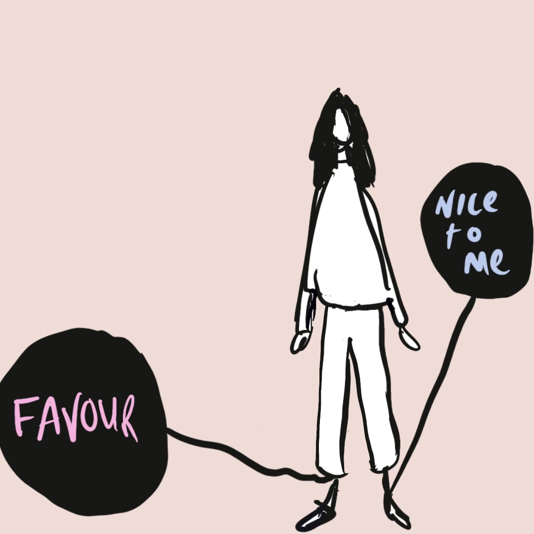 Illustration of a person with two boulders attached to each foot with one saying 'favour' and the other saying 'nice to me' by Natalie Lue