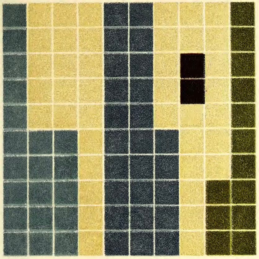 A gridded drawing similar to a tiled surface, with blocks of colors rendered in colored pencil. There are areas with squares of very dark green, cream yellow, soft black, and pure black. The image is a color analysis chart by Emily Noyes Vanderpoel, an illustration from her 1903 book Color Problems.