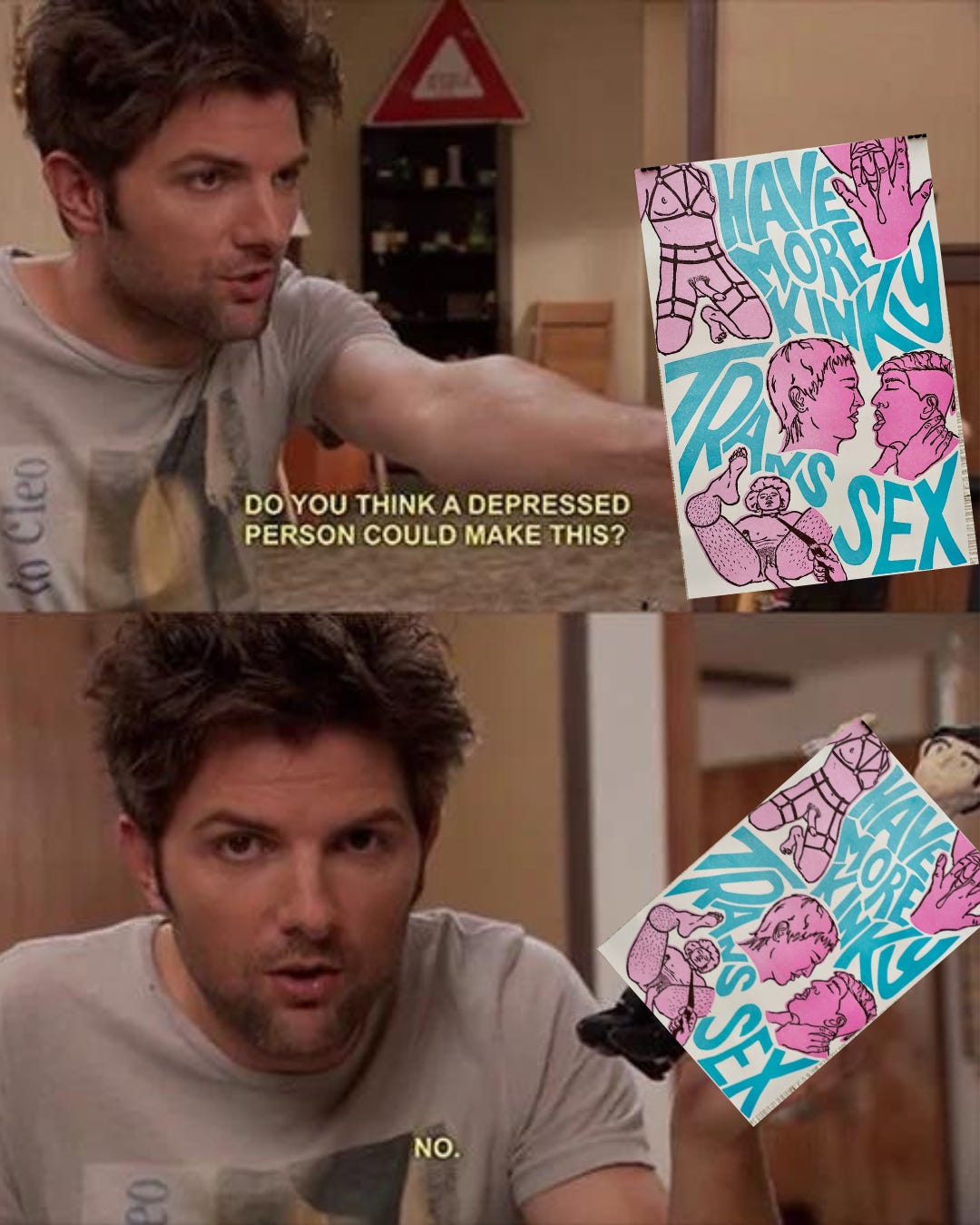Ben, from Parks and Recreation, looking disheveled. In the first panel, he is holding out his arm, where the "Have More Kinky Trans Sex" poster is superimposed. The caption says "Do you think a depressed person could make this?" In the second panel, he's looking at the camera. The caption reads "No."