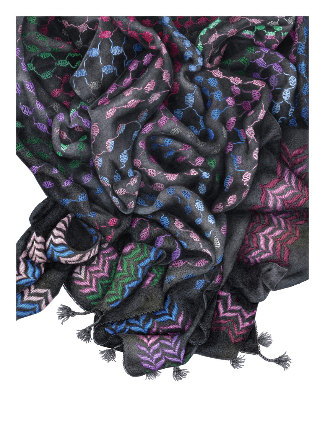 illustration of a black keffiyeh with pink, purple, blue and green embroidery in abstract leaves and squiggles