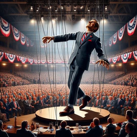 a satirical image of a marionette that is a lifesize politician in a suit dancing around a large stage in front of a packed audience at a political conference