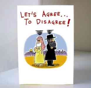 Illustration of a greeting card that says "Let's Agree to Disagree" with a drawing of an Israeli and a Palestinian
