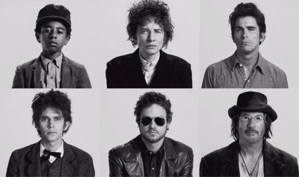 Black and white portraits of the different characters representing Bob Dylan in the movie I'm Not There.