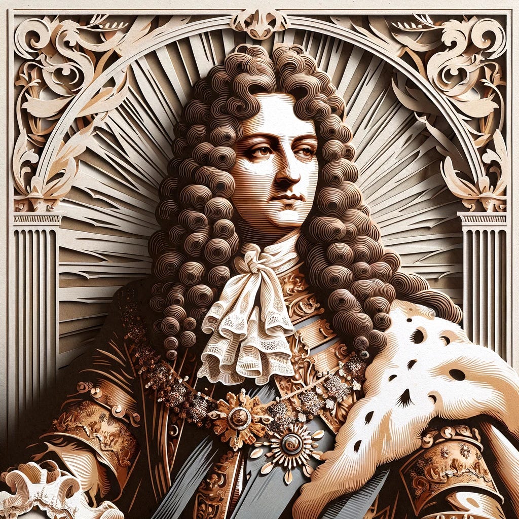 An image of Louis XIV, the French king, depicted in a cut cardboard style. The portrayal captures his royal attire and majestic presence, complete with elaborate clothing and a commanding posture. The entire composition is rendered in soft pastel colors, highlighting the elegance and grandeur of the monarch. The cut cardboard style adds a unique textural quality to the image, emphasizing the historical and regal aspects of Louis XIV in a visually engaging manner.