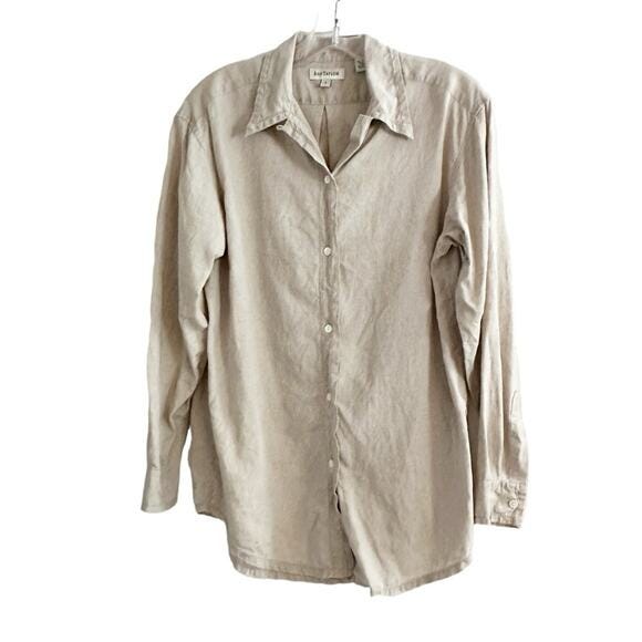 Ann Taylor 100% Linen Tan Button Front Shirt Preppy Summer Neutral SMALL - Picture 1 of 10