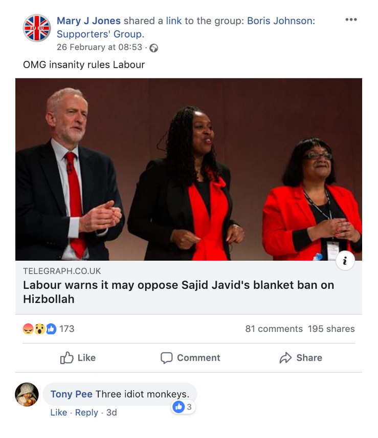 Boris Johnson Supporters' Group Diane Abbott Dawn Butler "Monkeys"