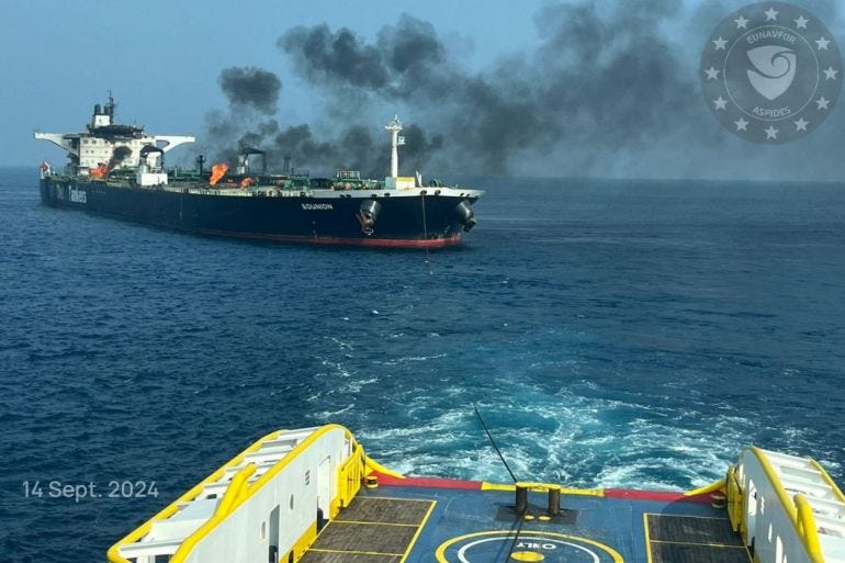 Flames and smoke rise from the damaged Greek-flagged oil tanker MV Sounion, which has been on fire since August 23, after an attack by Houthi militants, on the Red Sea, September 15, 2024 in this handout image. EUNAVFOR ASPIDES/Handout via REUTERS THIS IMAGE HAS BEEN SUPPLIED BY A THIRD PARTY. MANDATORY CREDIT. TEXT AND LOGO PROVIDED AT SOURCE. Flames and smoke rise from the damaged Greek-flagged oil tanker MV Sounion, which has been on fire since August 23, after an attack by Houthi militants, on the Red Sea, September 15, 2024 in this handout image. EUNAVFOR ASPIDES/Handout via REUTERS THIS IMAGE HAS BEEN SUPPLIED BY A THIRD PARTY. MANDATORY CREDIT. TEXT AND LOGO PROVIDED AT SOURCE.