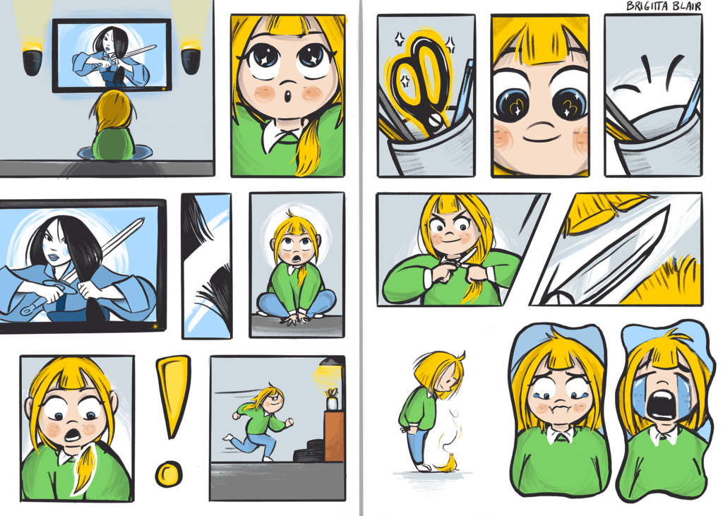 Funny comic spread of a girl who watches a movie and cuts her hair to be like her. She regrets cutting her hair in the end.