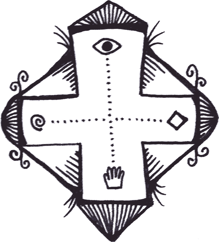 Abstract drawing of a cross with symbols on it