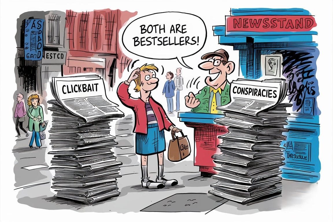 Clickbait / Conspiracies. "Both are bestsellers."